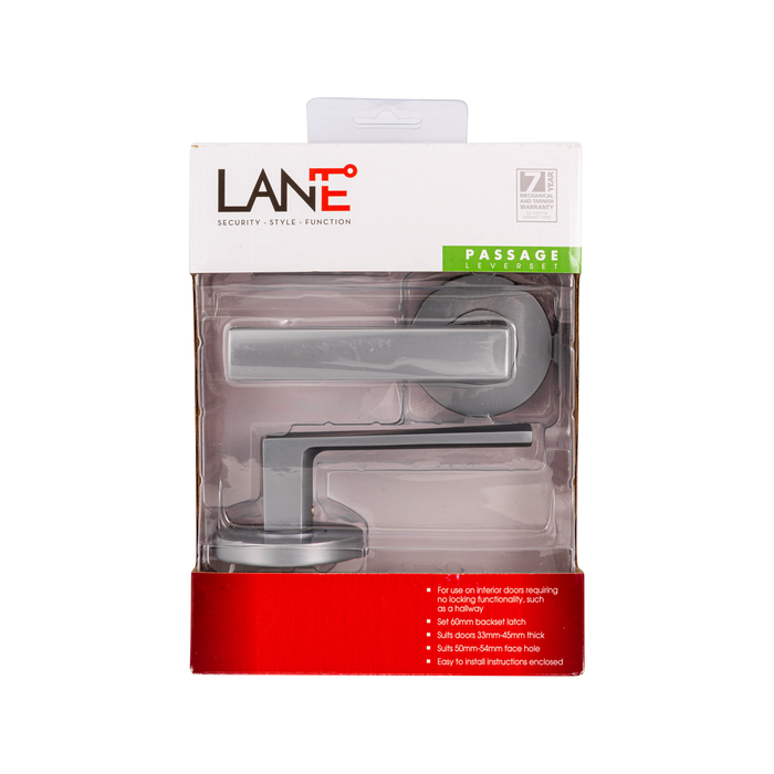 Lane 65mm Brushed Satin Chrome Oxford Square Passage Leverset