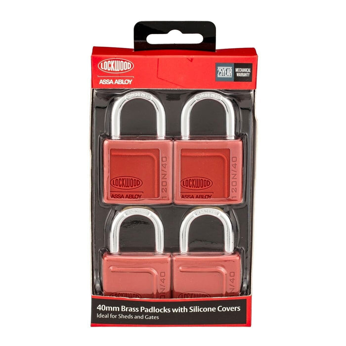 Lockwood 120N 40mm Solid Brass Padlock with Silicone Cover - Red, Pack of 4
